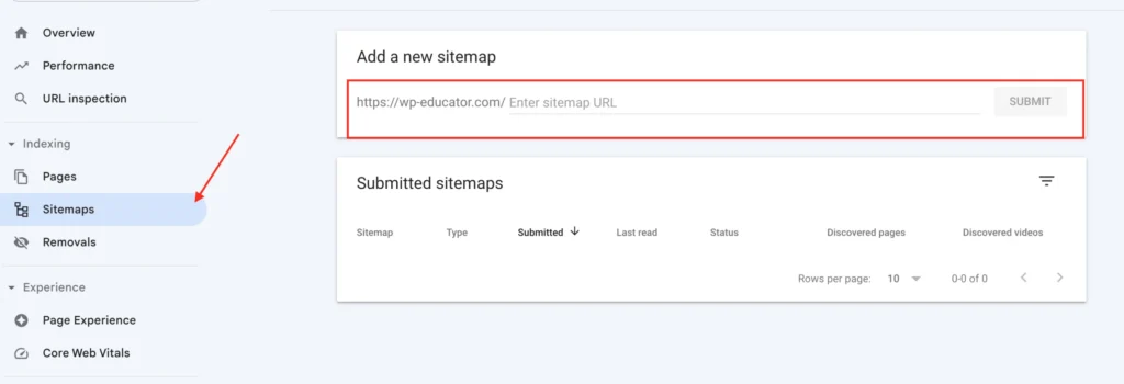 Submit sitemap Google search console