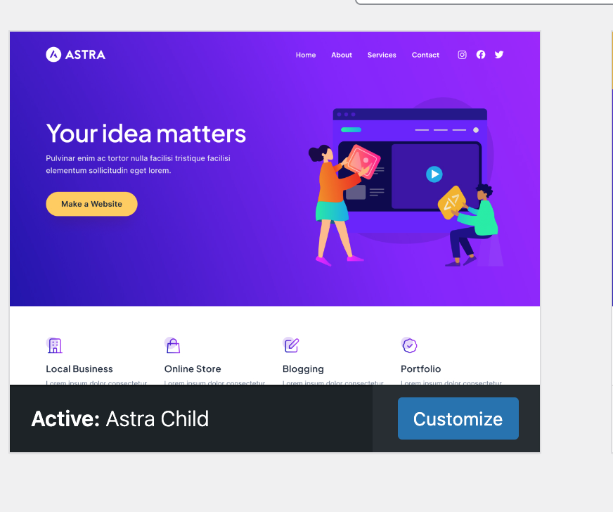 Activated WordPress child theme