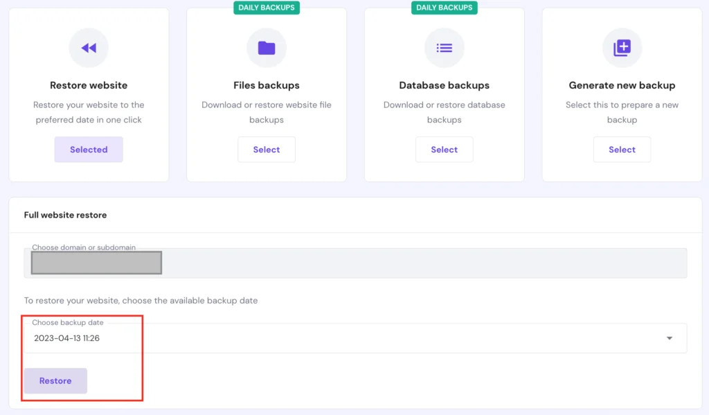 Hostinger restore back one-click process