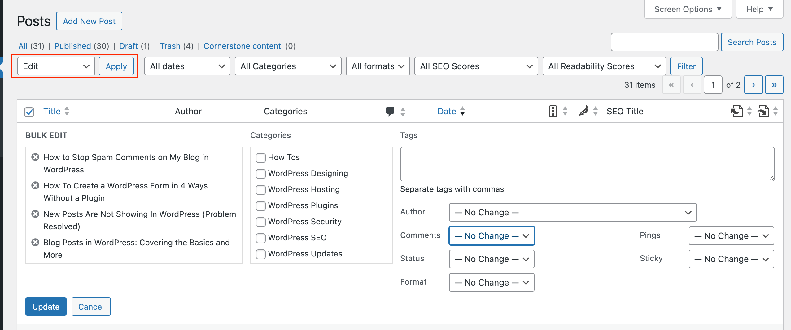 Bulk edit option in WordPress