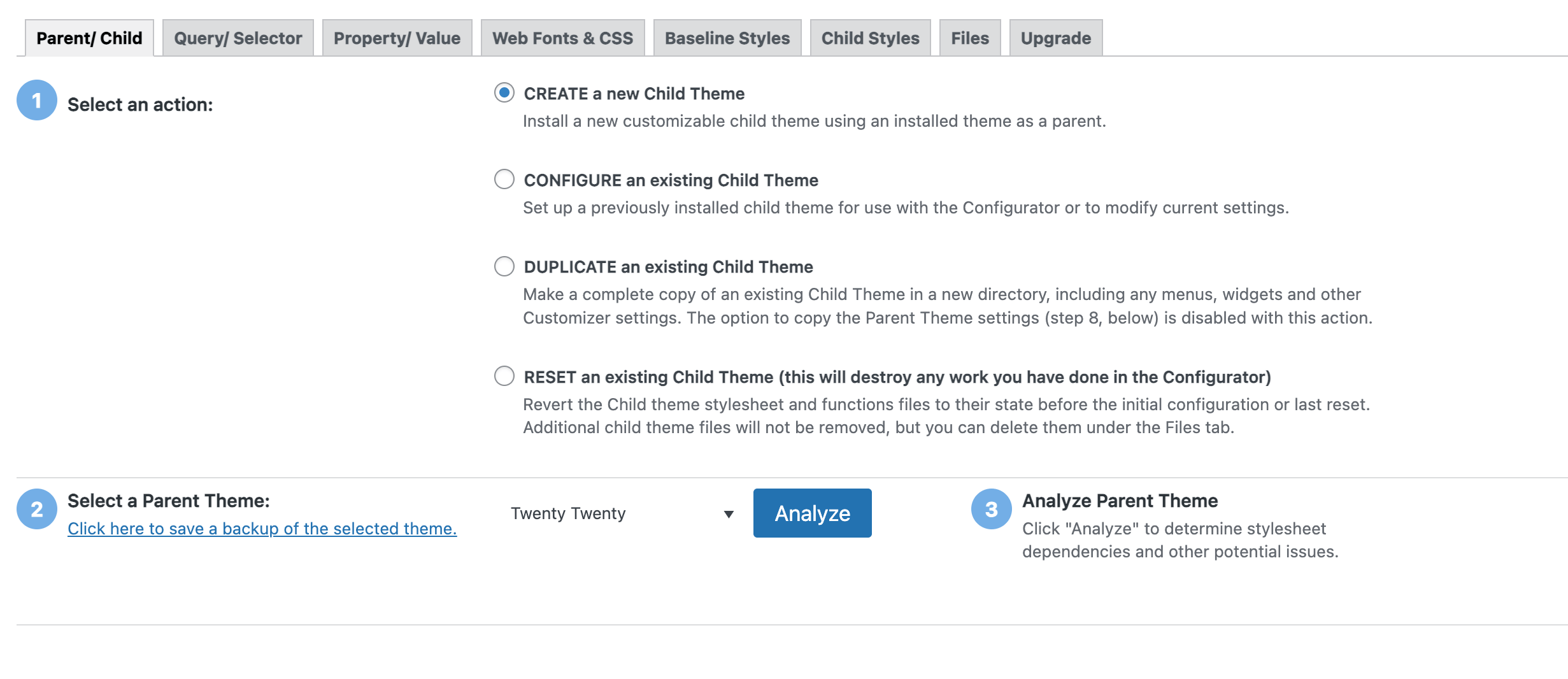 Child theme configurator settings