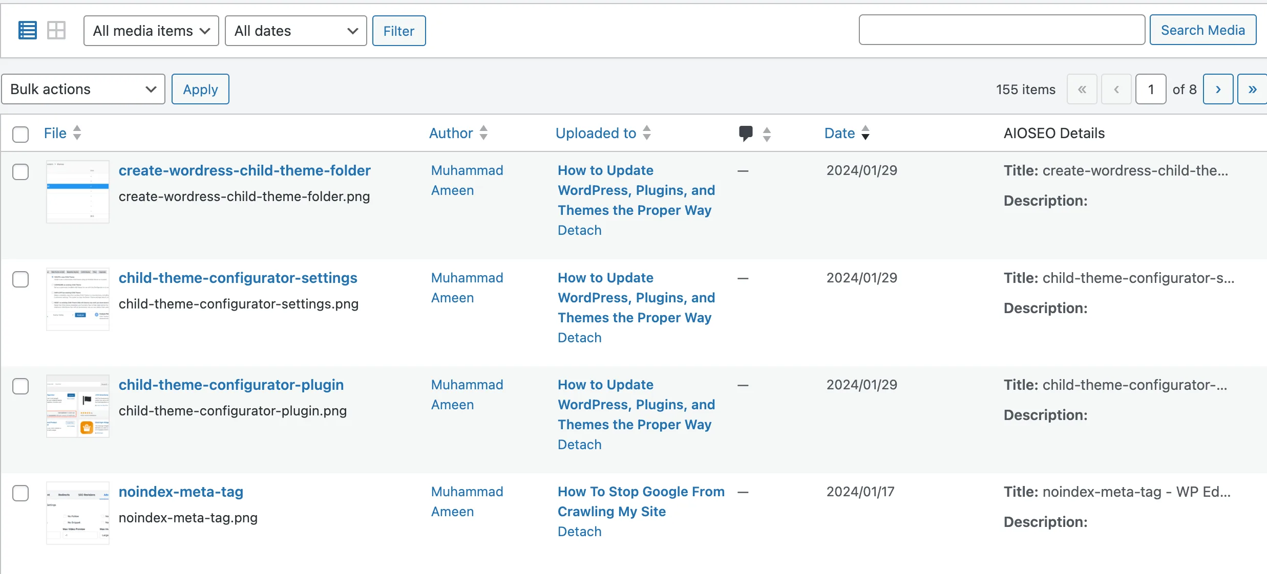 WordPress media library list view