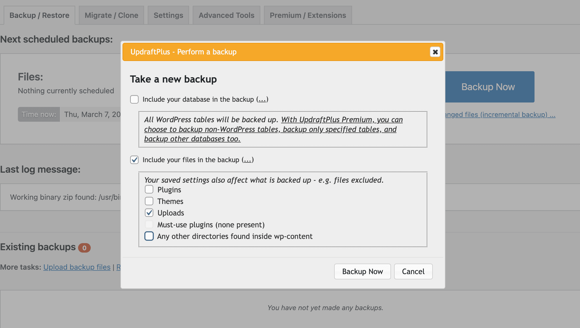 UpdraftPlus button to create a new backup
