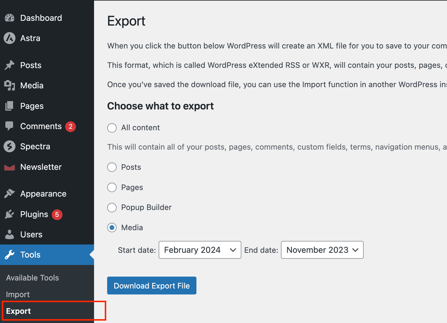 WordPress built-in export tool feature