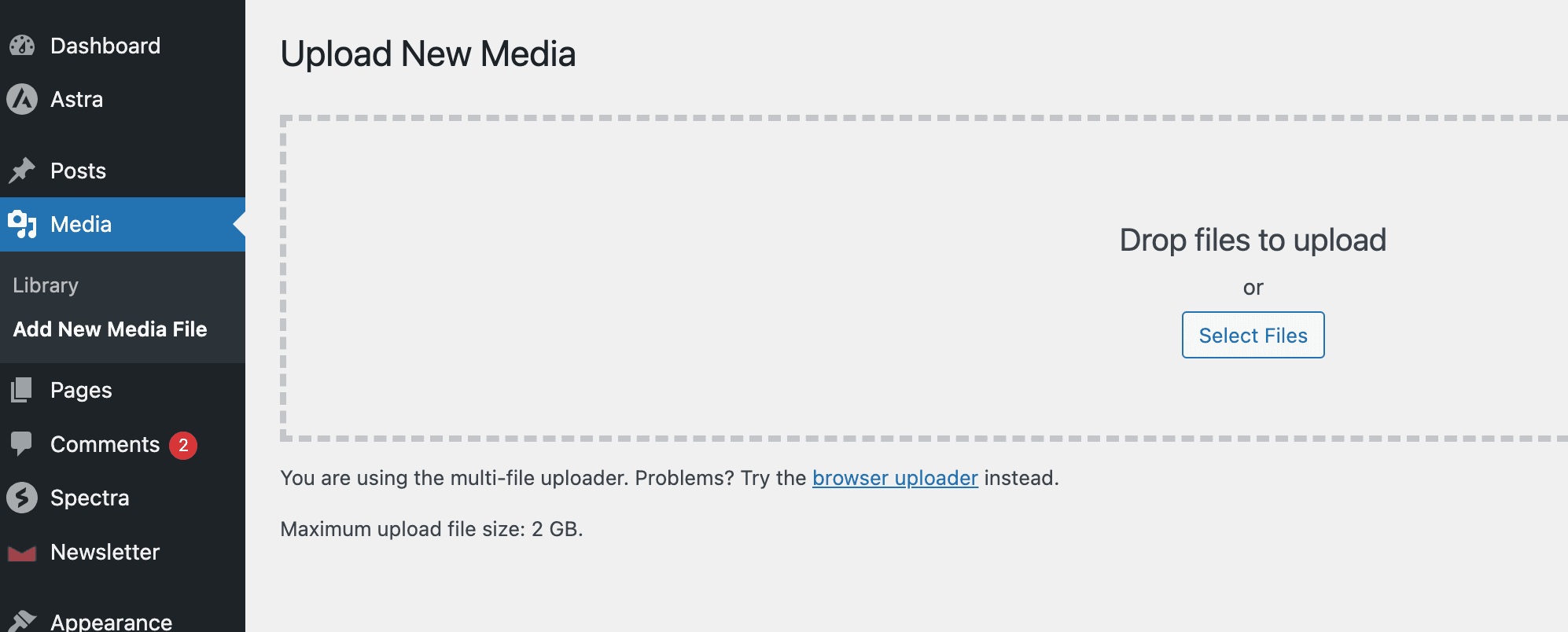 Upload new media in WordPress media library