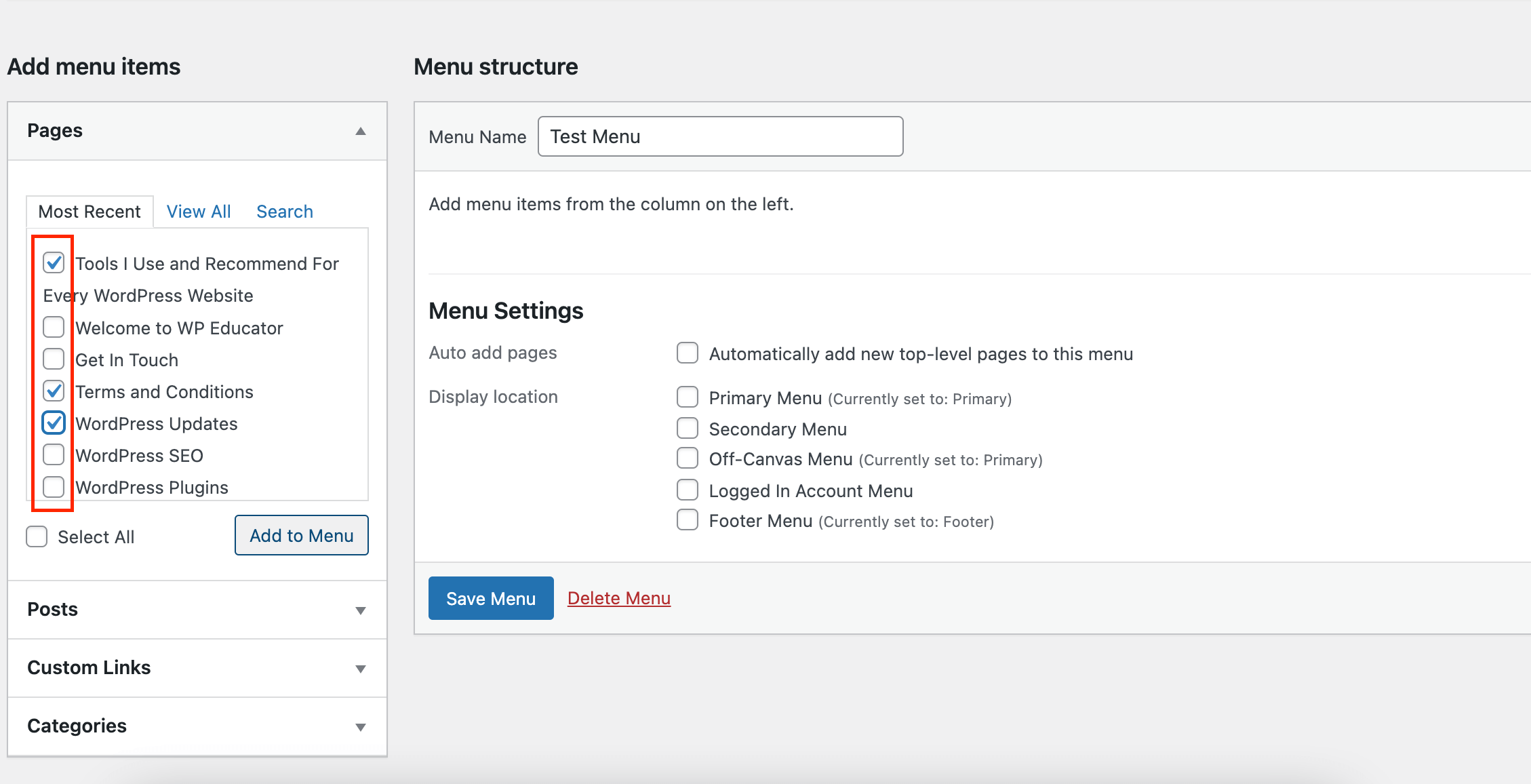 Assigning menu items to menus in WordPress