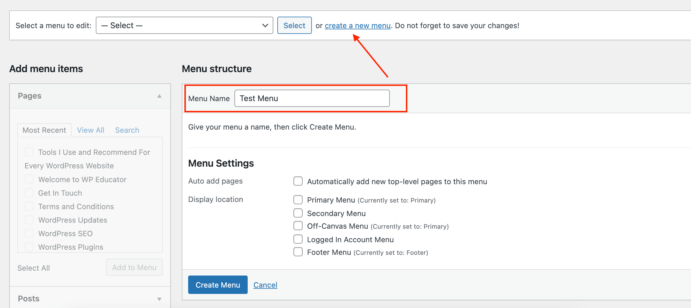 Create a new menu item in WordPress