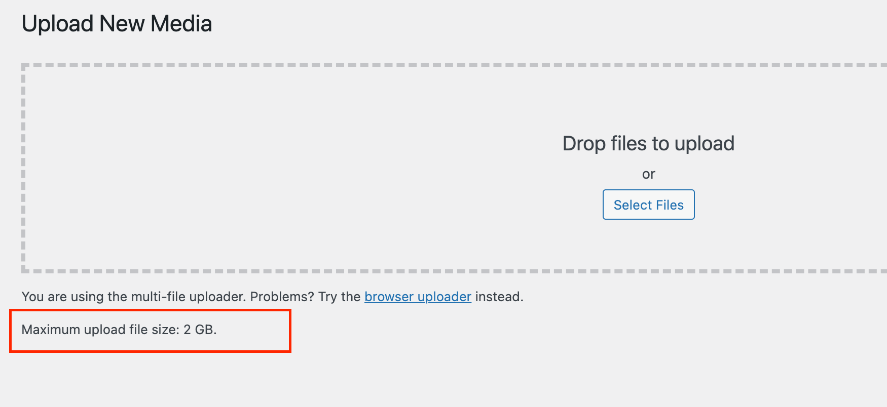 The maximum upload file size when uploading a new media in the WordPress media library.