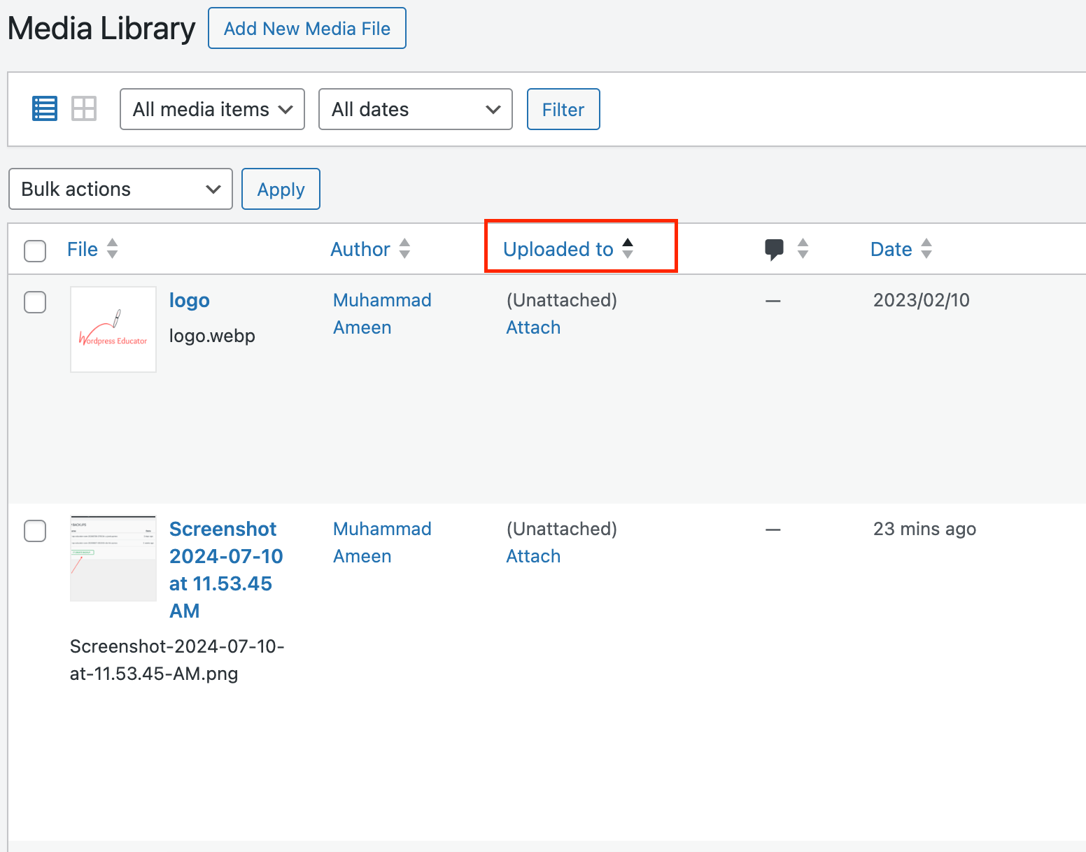 Toggle upload to column in WordPress media manager list mode