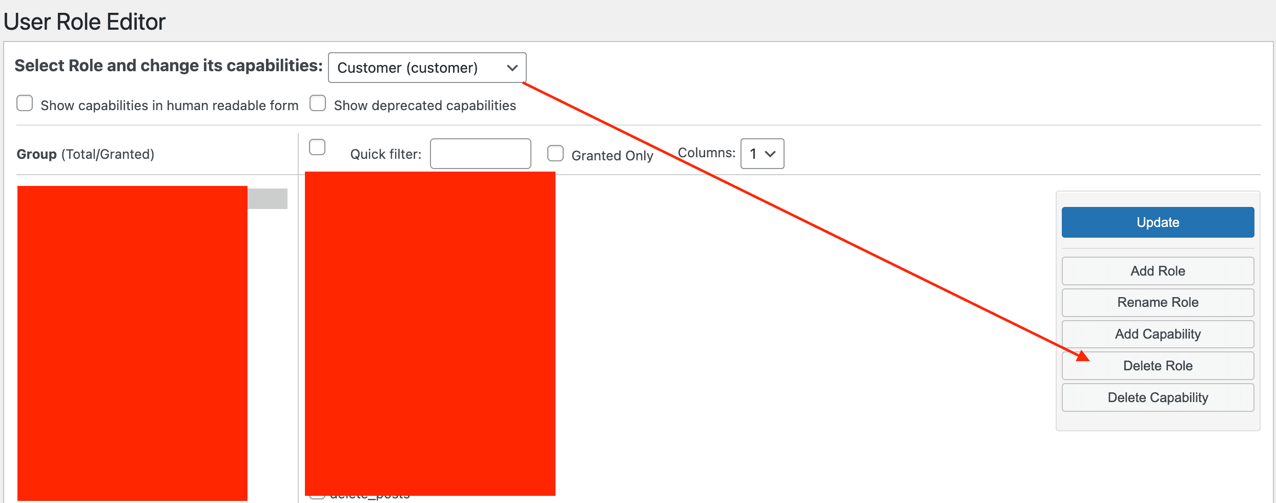 Delete user roles in WordPress from the User Role Editor dashboard.