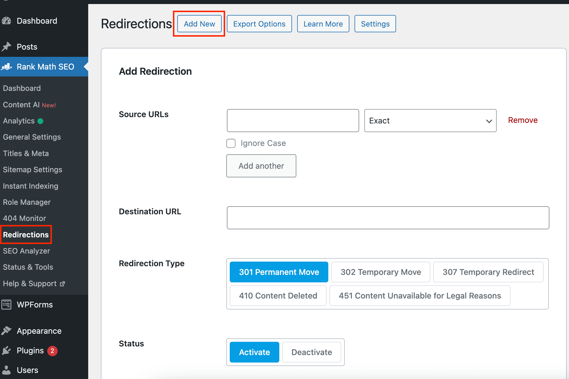 Add a new redirection in Rank Math SEO plugin to fix 404 errors.