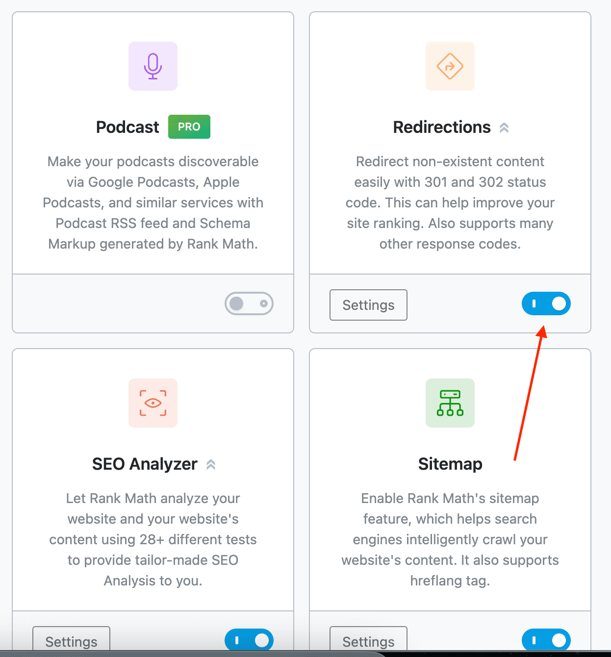 Enable Redirections AddOne in RankMath SEO plugin