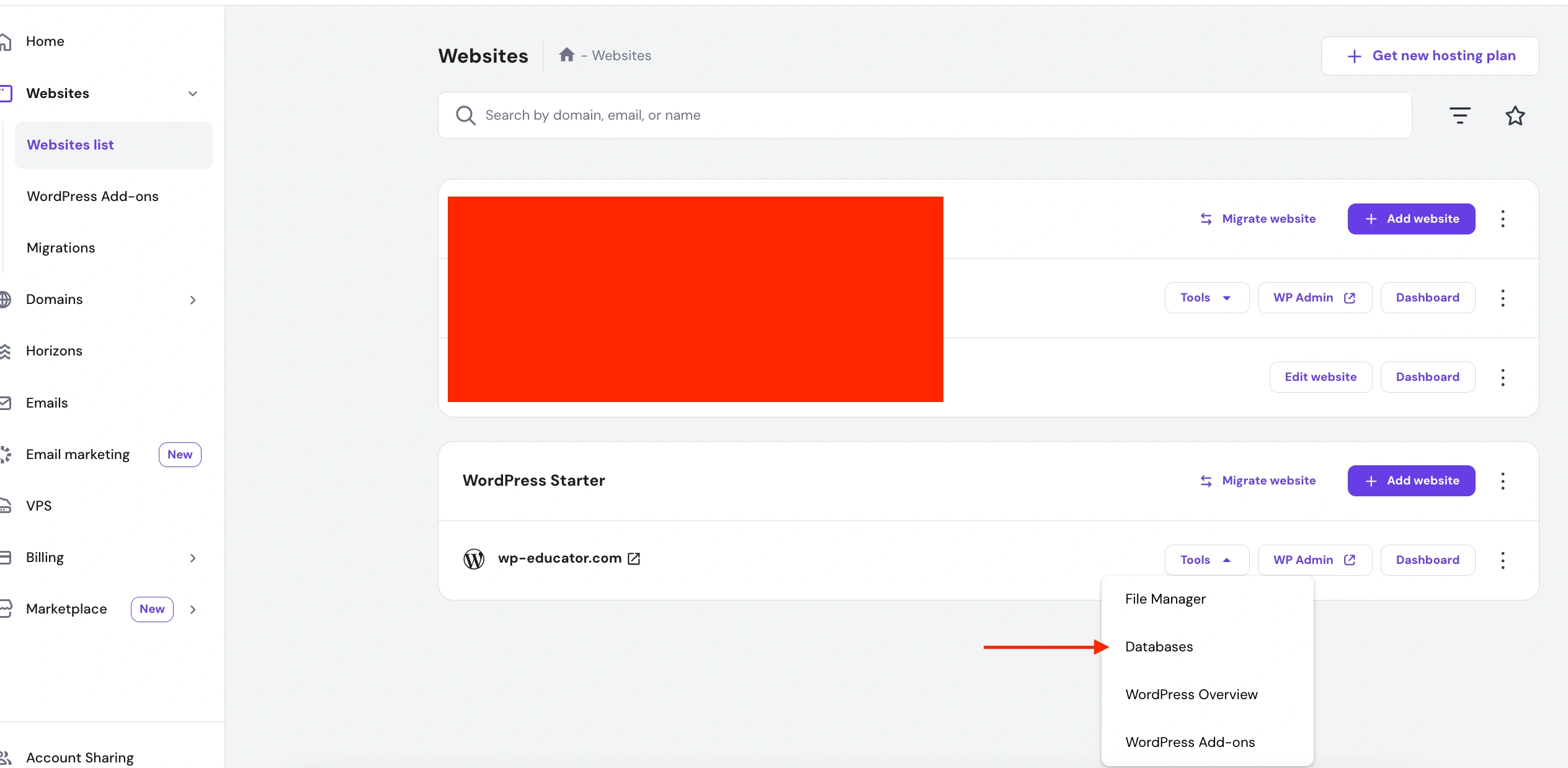 Access website database from Hostinger hPanel