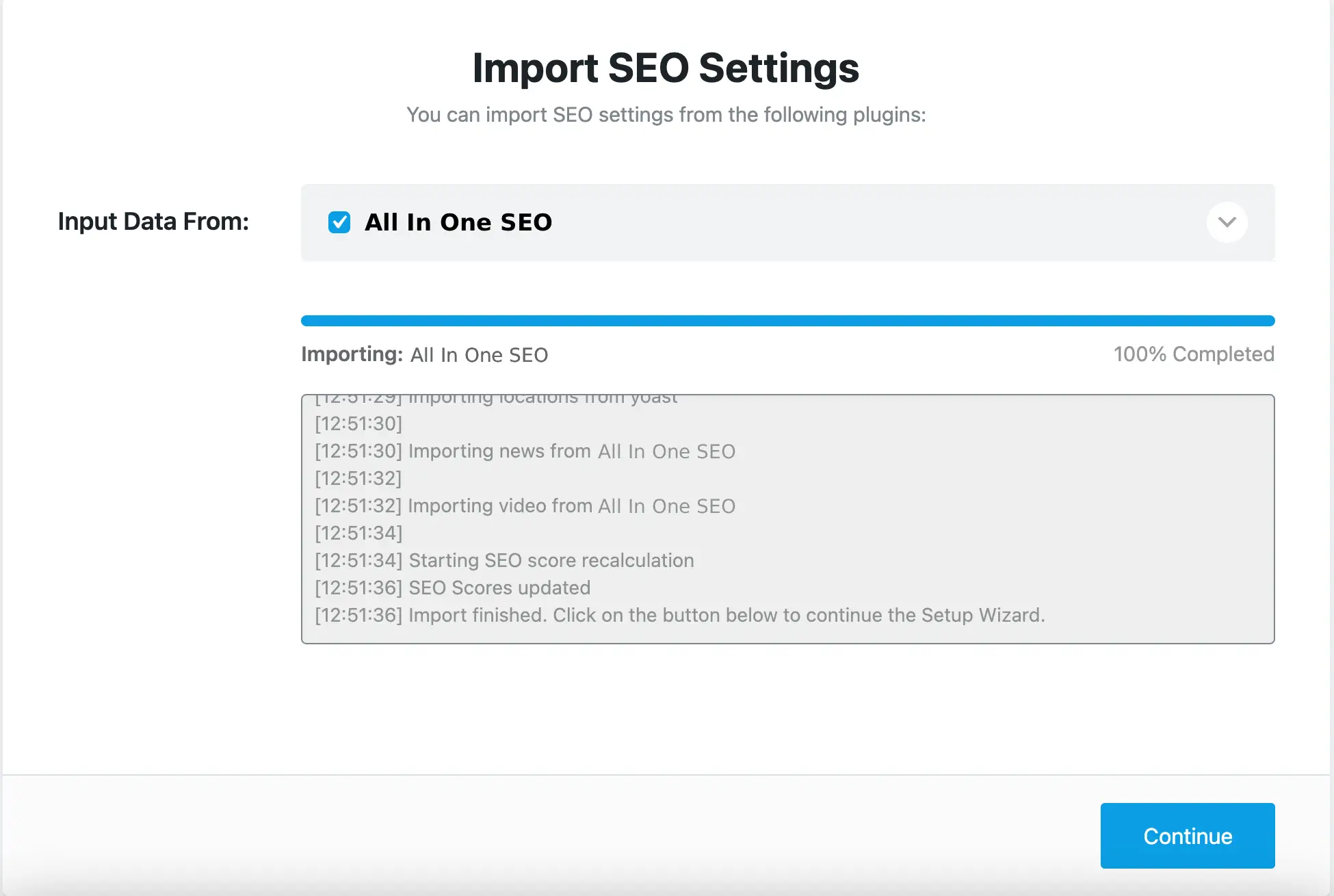 Importing SEO settings for old SEO plugin during the setup Rank Math wizard.