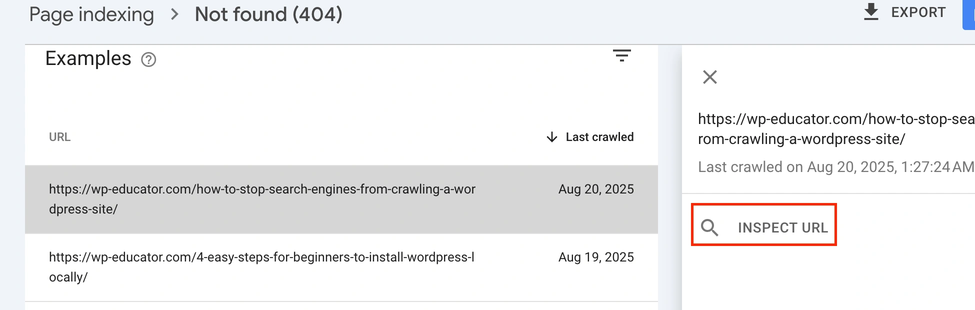 Click on the Inspect URL to view the indexing status.