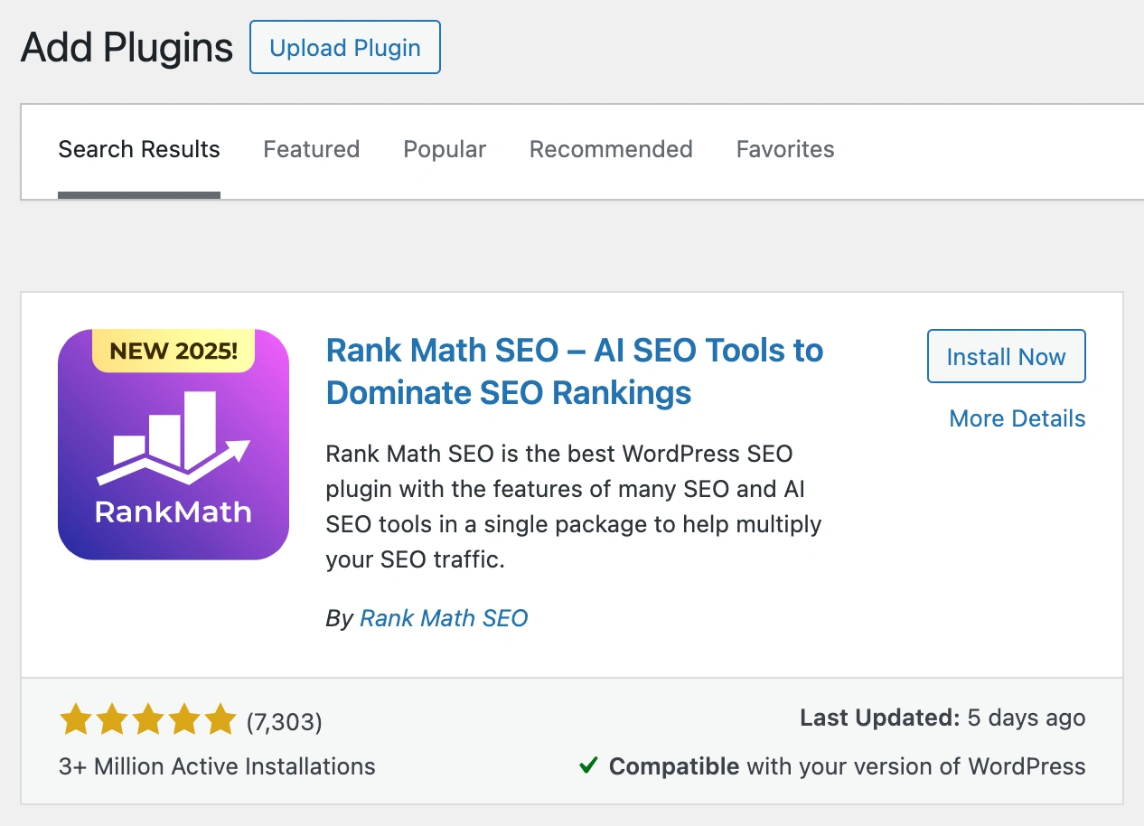 Install the Rank Math SEO plugin from the WordPress plugins area.