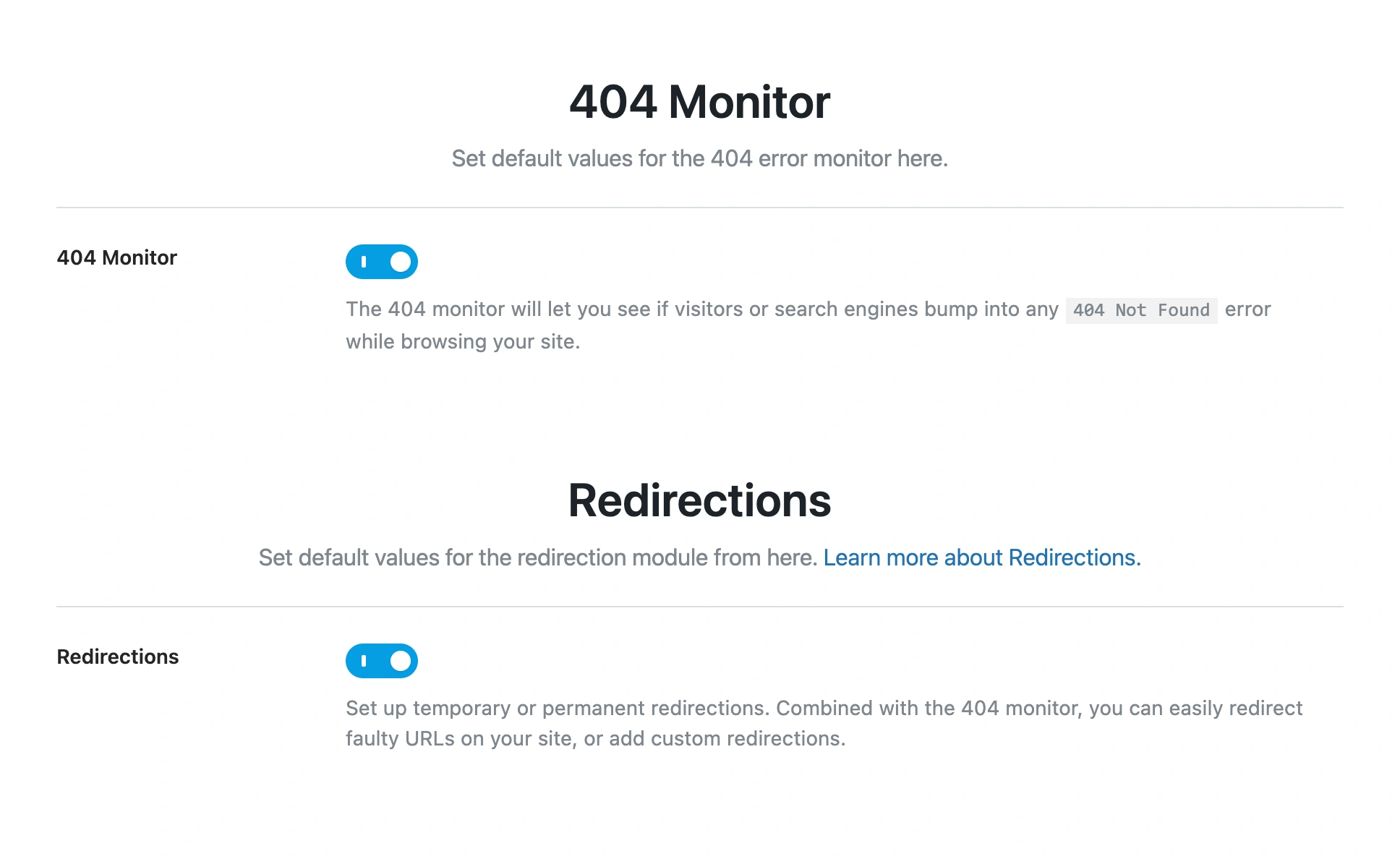 Rank Math 404 monitor and redirections feature.