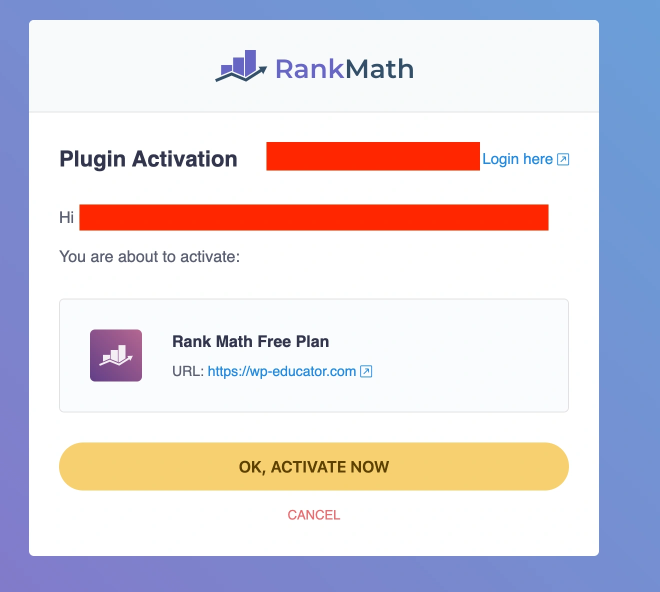 Rank Math plugin activation.
