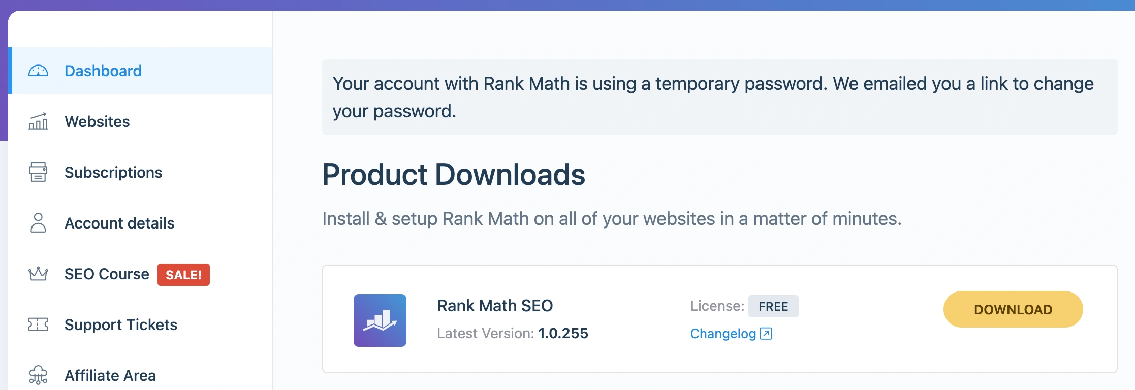 Rank Math product downloads page.