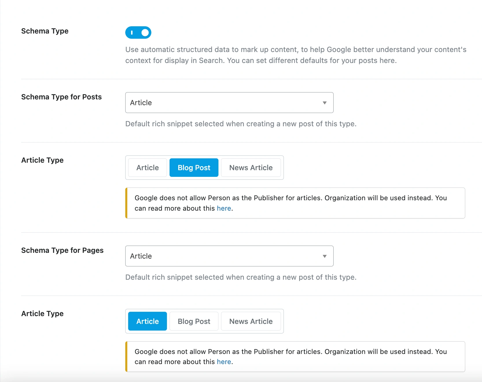 Rank Math schema setup for posts and pages.
