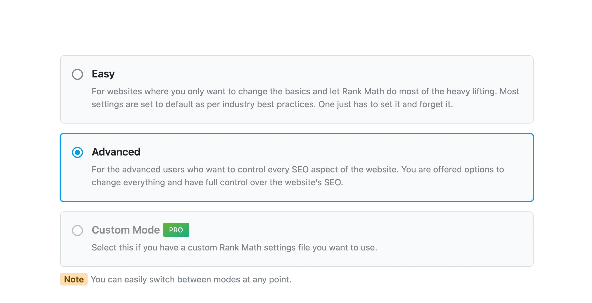 Setup Rank Math using the Advanced option.