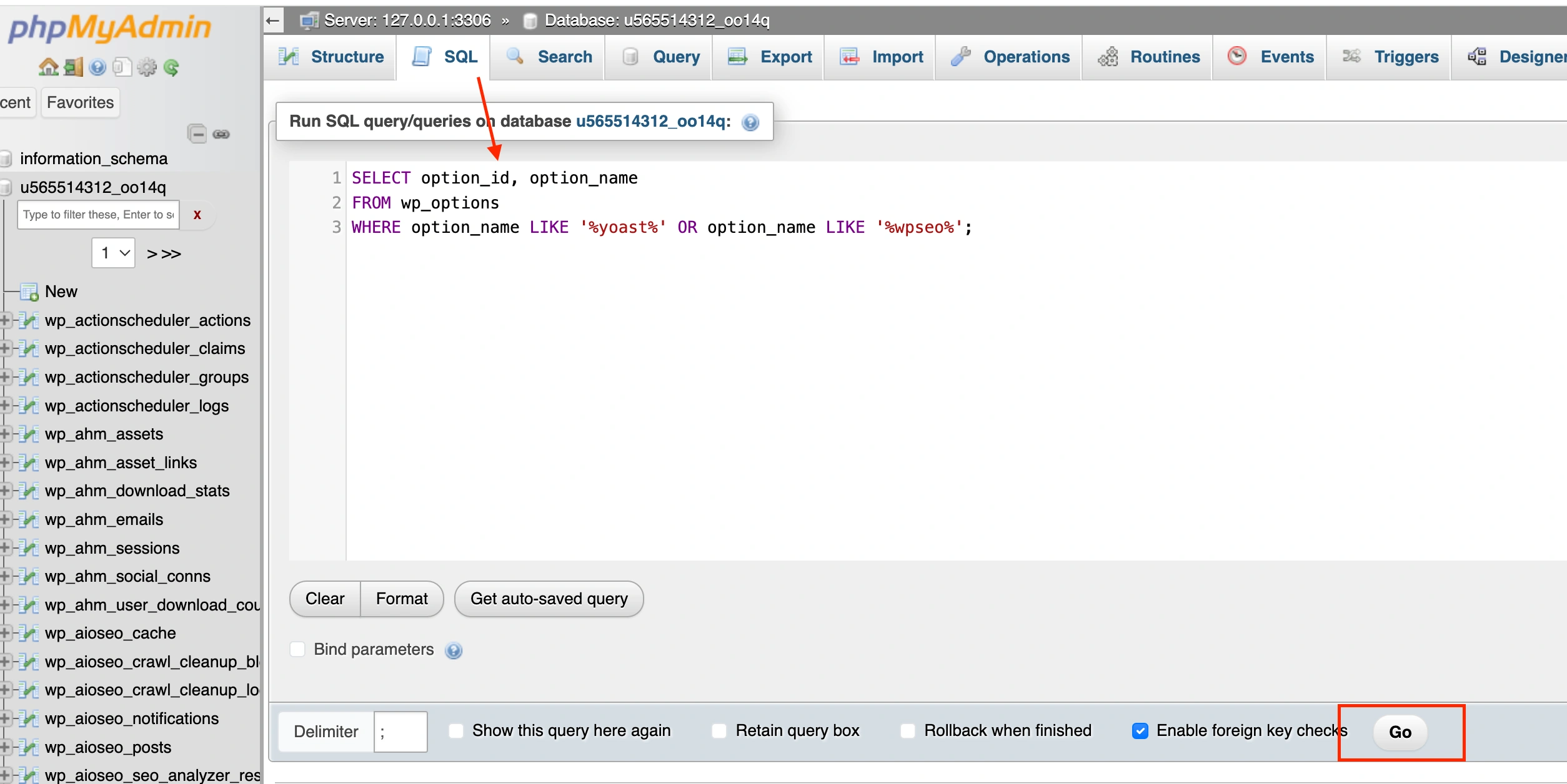 Run query in phpMyAdmin SQL tab to fetch Yoast SEO data from wp_options.