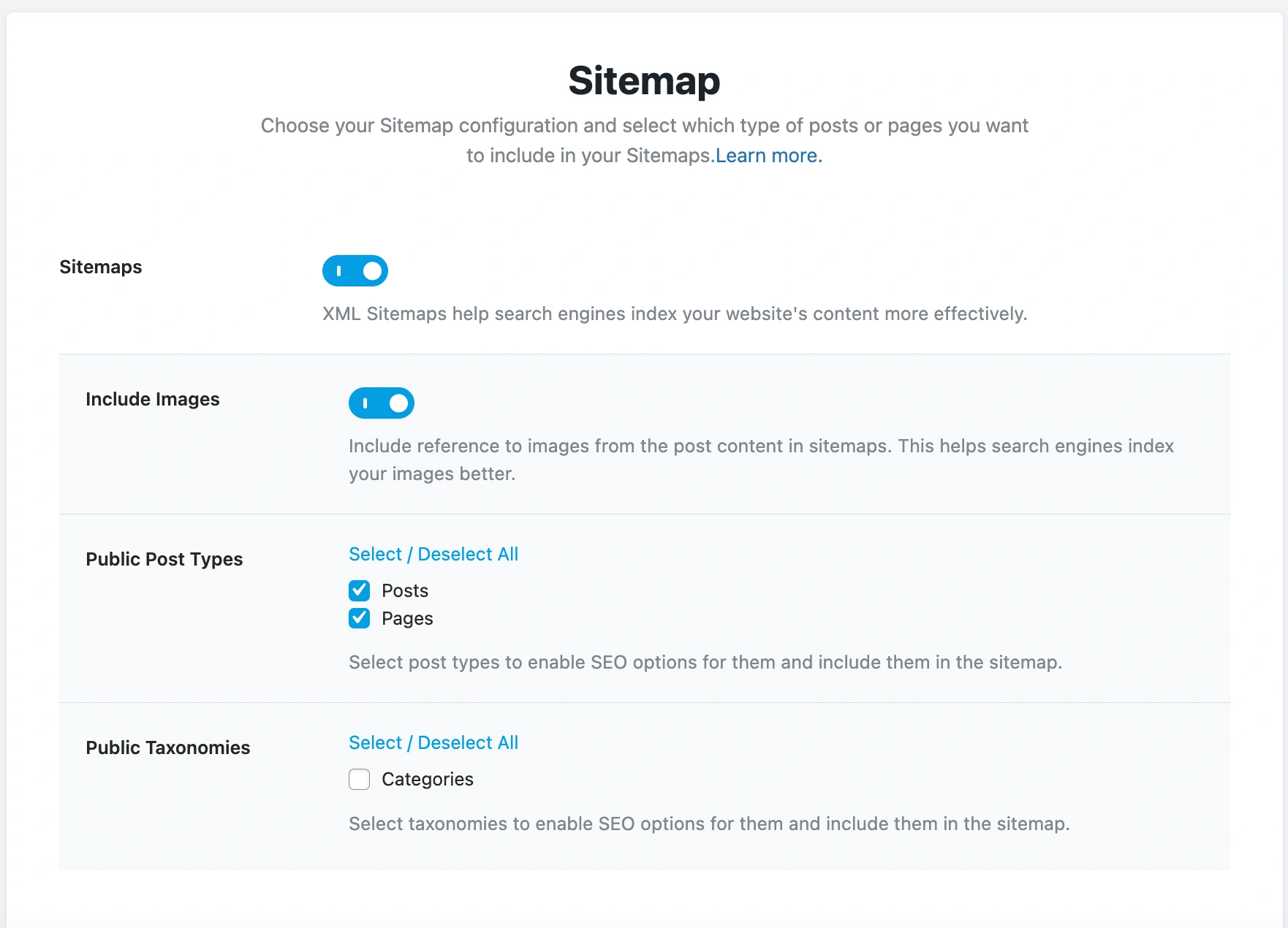 Rank Math sitemap configuration.