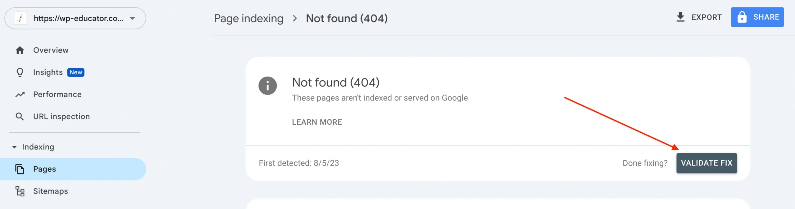 Click on the validate fix button to tell Google to recheck the errors in the page indexing report of Google Search Console.