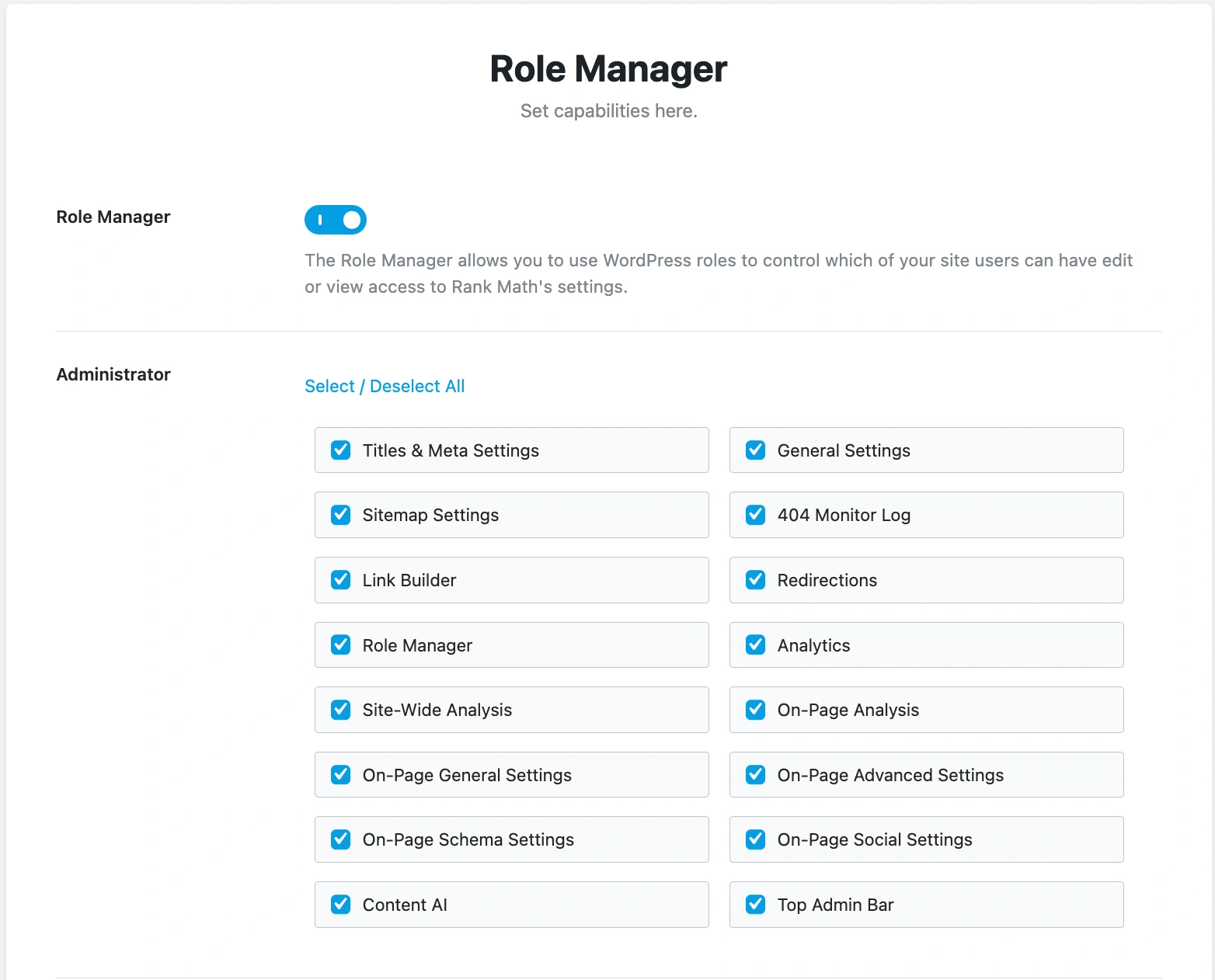 Setup Rank Math plugin access for different WordPress user roles.